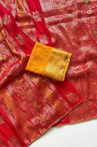 Red Color Meenakari Bird Figure Weaving And Dubbal Jari Weaving Bird Figure Strip Crepe Georgette Saree