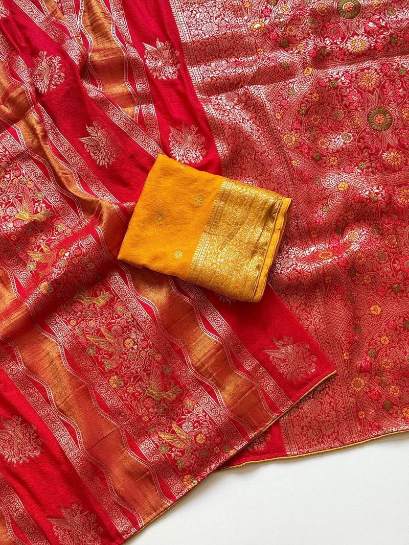 Red Color Meenakari Bird Figure Weaving And Dubbal Jari Weaving Bird Figure Strip Crepe Georgette Saree