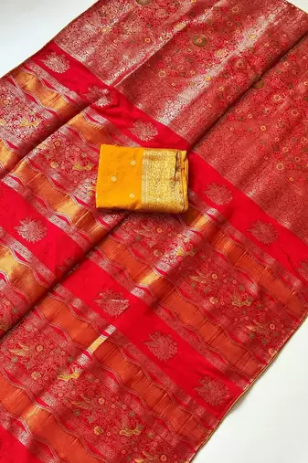 Red Color Meenakari Bird Figure Weaving And Dubbal Jari Weaving Bird Figure Strip Crepe Georgette Saree