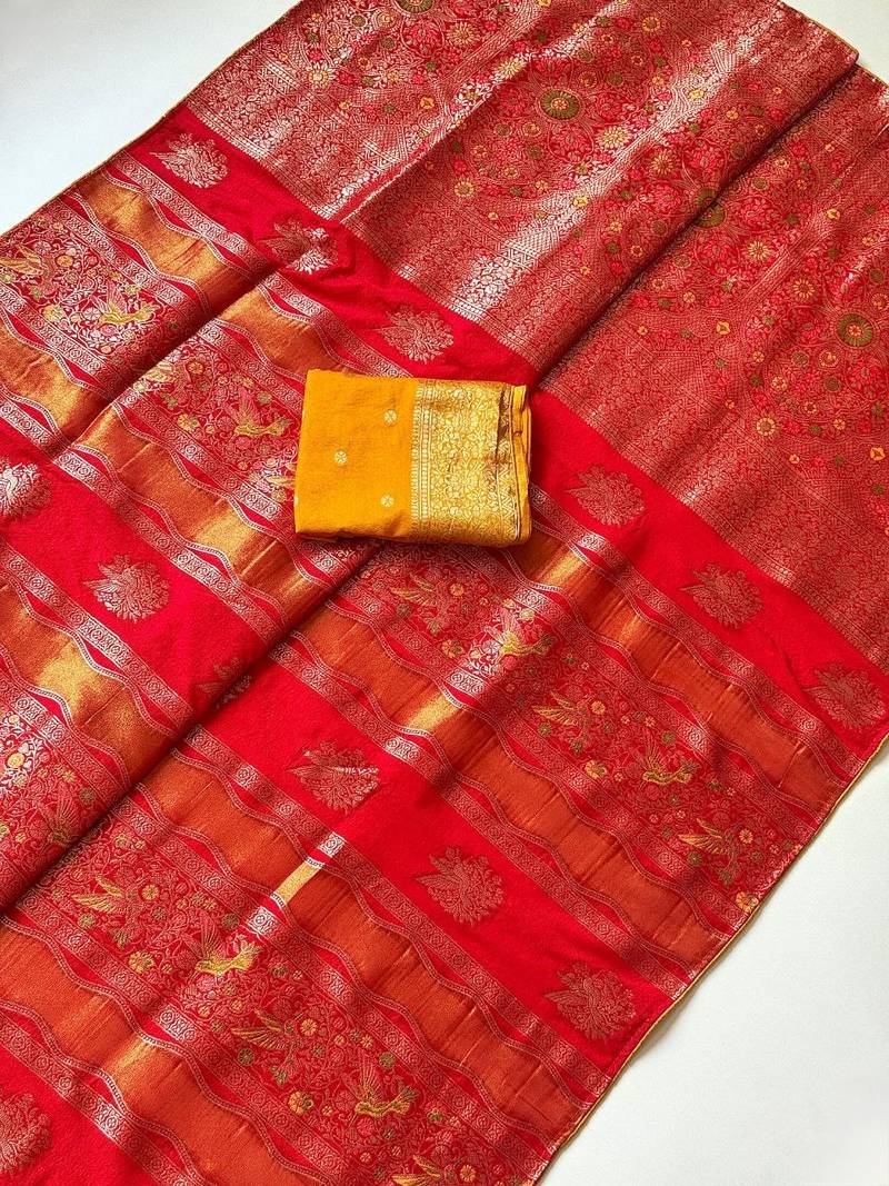 Red Color Meenakari Bird Figure Weaving And Dubbal Jari Weaving Bird Figure Strip Crepe Georgette Saree