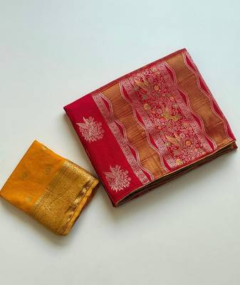 Red Color Meenakari Bird Figure Weaving And Dubbal Jari Weaving Bird Figure Strip Crepe Georgette Saree 5
