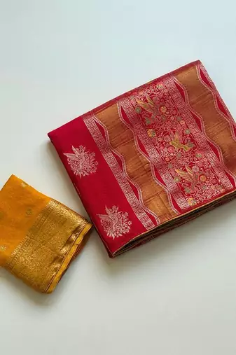 Red Color Meenakari Bird Figure Weaving And Dubbal Jari Weaving Bird Figure Strip Crepe Georgette Saree