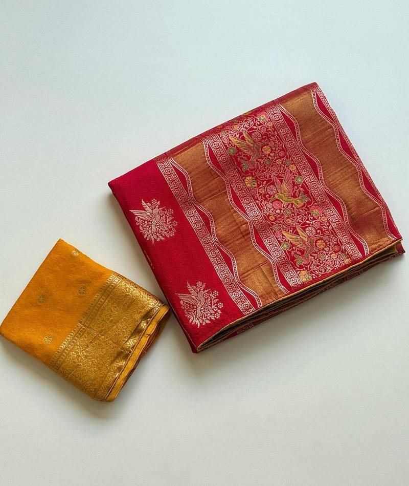 Red Color Meenakari Bird Figure Weaving And Dubbal Jari Weaving Bird Figure Strip Crepe Georgette Saree