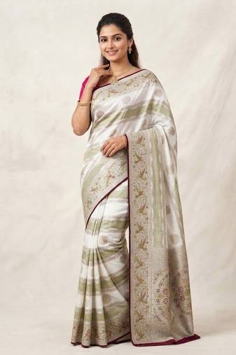 White Color Meenakari Bird Figure Weaving And Dubbal Jari Weaving Bird Figure Strip Crepe Georgette Saree