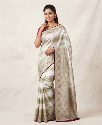 White Color Meenakari Bird Figure Weaving And Dubbal Jari Weaving Bird Figure Strip Crepe Georgette Saree 1