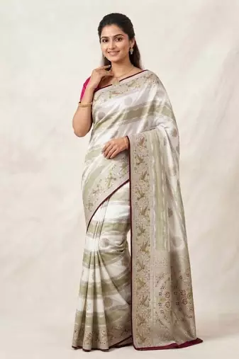 White Color Meenakari Bird Figure Weaving And Dubbal Jari Weaving Bird Figure Strip Crepe Georgette Saree