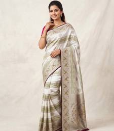 White Meenakari Bird Figure Weaving And Dubbal Jari Weaving Bird Figure Strip Crepe georgettete Saree