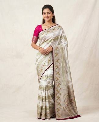White Color Meenakari Bird Figure Weaving And Dubbal Jari Weaving Bird Figure Strip Crepe Georgette Saree 2