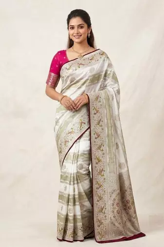 White Color Meenakari Bird Figure Weaving And Dubbal Jari Weaving Bird Figure Strip Crepe Georgette Saree