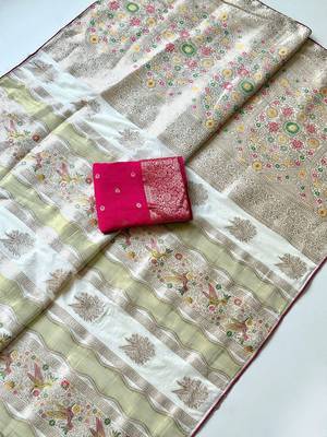 White Color Meenakari Bird Figure Weaving And Dubbal Jari Weaving Bird Figure Strip Crepe Georgette Saree 3