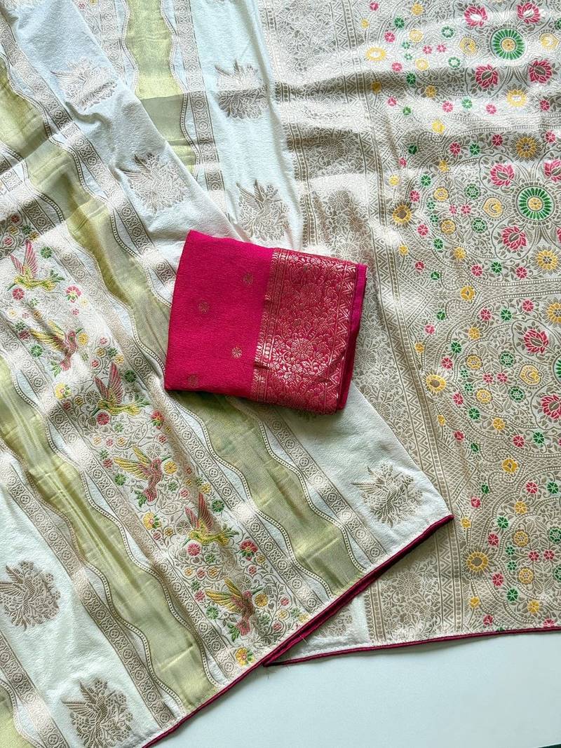 White Color Meenakari Bird Figure Weaving And Dubbal Jari Weaving Bird Figure Strip Crepe Georgette Saree