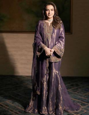 Purple fendy silk blend kurti palazzo set with embroidered dupatta & stone work 1