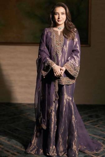 Purple fendy silk blend kurti palazzo set with embroidered dupatta & stone work