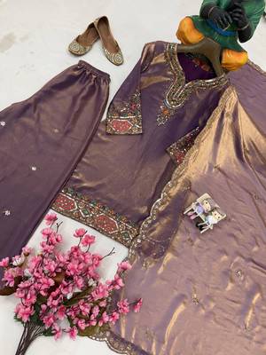 Purple fendy silk blend kurti palazzo set with embroidered dupatta & stone work 2