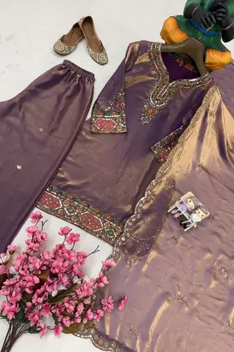 Purple fendy silk blend kurti palazzo set with embroidered dupatta & stone work