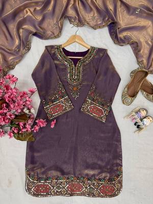 Purple fendy silk blend kurti palazzo set with embroidered dupatta & stone work 3