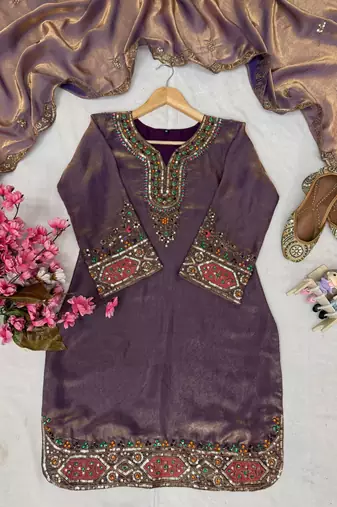 Purple fendy silk blend kurti palazzo set with embroidered dupatta & stone work