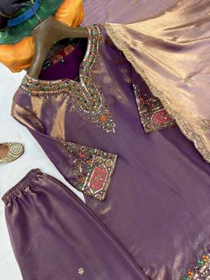 Purple fendy silk blend kurti palazzo set with embroidered dupatta & stone work 4