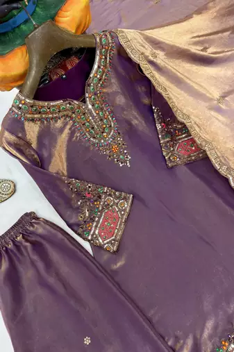 Purple fendy silk blend kurti palazzo set with embroidered dupatta & stone work