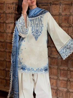 Off white satin rayon embroidered top with farshi palazzo & printed dupatta set 1