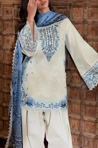 Off white satin rayon embroidered top with farshi palazzo & printed dupatta set