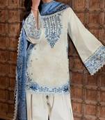 Off white satin rayon embroidered top with farshi palazzo & printed dupatta set
