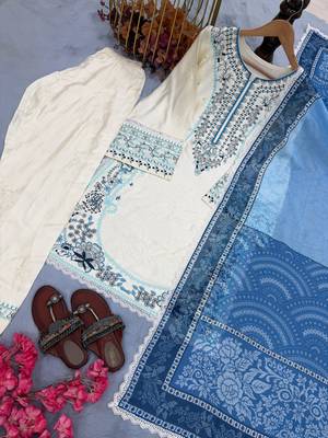 Off white satin rayon embroidered top with farshi palazzo & printed dupatta set 2