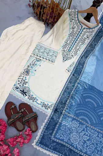 Off white satin rayon embroidered top with farshi palazzo & printed dupatta set