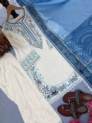 Off white satin rayon embroidered top with farshi palazzo & printed dupatta set 3