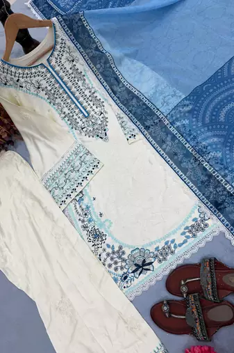 Off white satin rayon embroidered top with farshi palazzo & printed dupatta set
