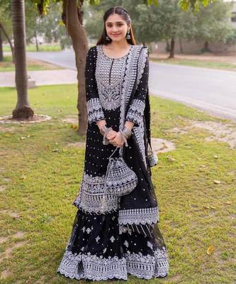 Black faux georgette sharara suit set with dupatta 1