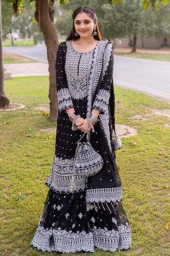 Black faux georgette sharara suit set with dupatta