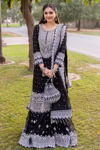 Black faux georgette sharara suit set with dupatta