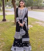 Black faux georgette sharara suit set with dupatta
