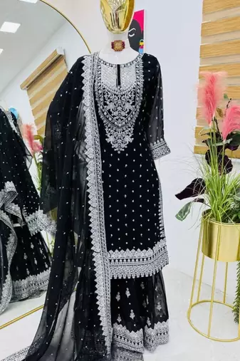 Black faux georgette sharara suit set with dupatta
