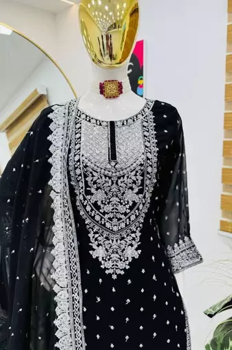 Black faux georgette sharara suit set with dupatta