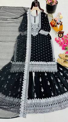 Black faux georgette sharara suit set with dupatta 4