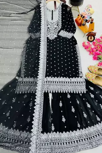 Black faux georgette sharara suit set with dupatta
