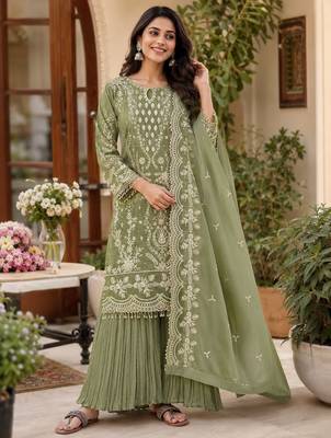 Green georgette embroidered palazzo suit set with dupatta 1