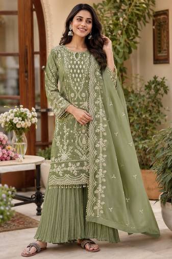 Green georgette embroidered palazzo suit set with dupatta