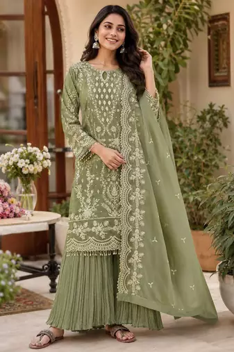 Green georgette embroidered palazzo suit set with dupatta