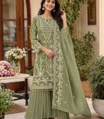 Green georgette embroidered palazzo suit set with dupatta