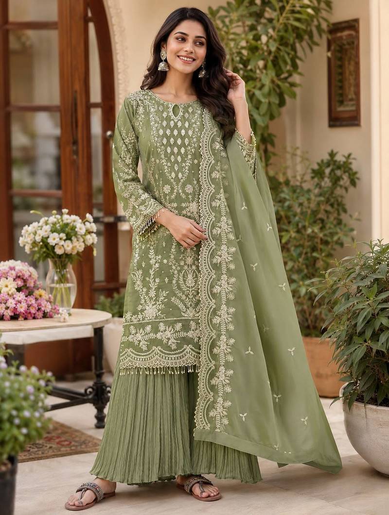 Green georgette embroidered palazzo suit set with dupatta