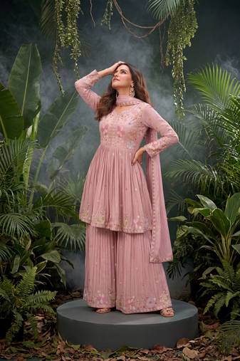 Pink premium chinon sharara suit set with border dupatta