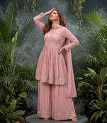 Pink premium chinon sharara suit set with border dupatta