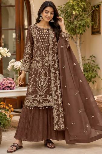 Brown georgette embroidered palazzo suit set with dupatta