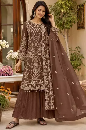 Brown georgette embroidered palazzo suit set with dupatta