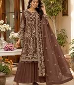 Brown georgette embroidered palazzo suit set with dupatta