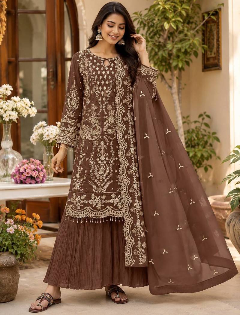 Brown georgette embroidered palazzo suit set with dupatta
