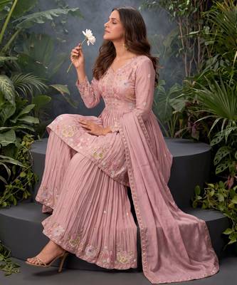 Pink premium chinon sharara suit set with border dupatta 2